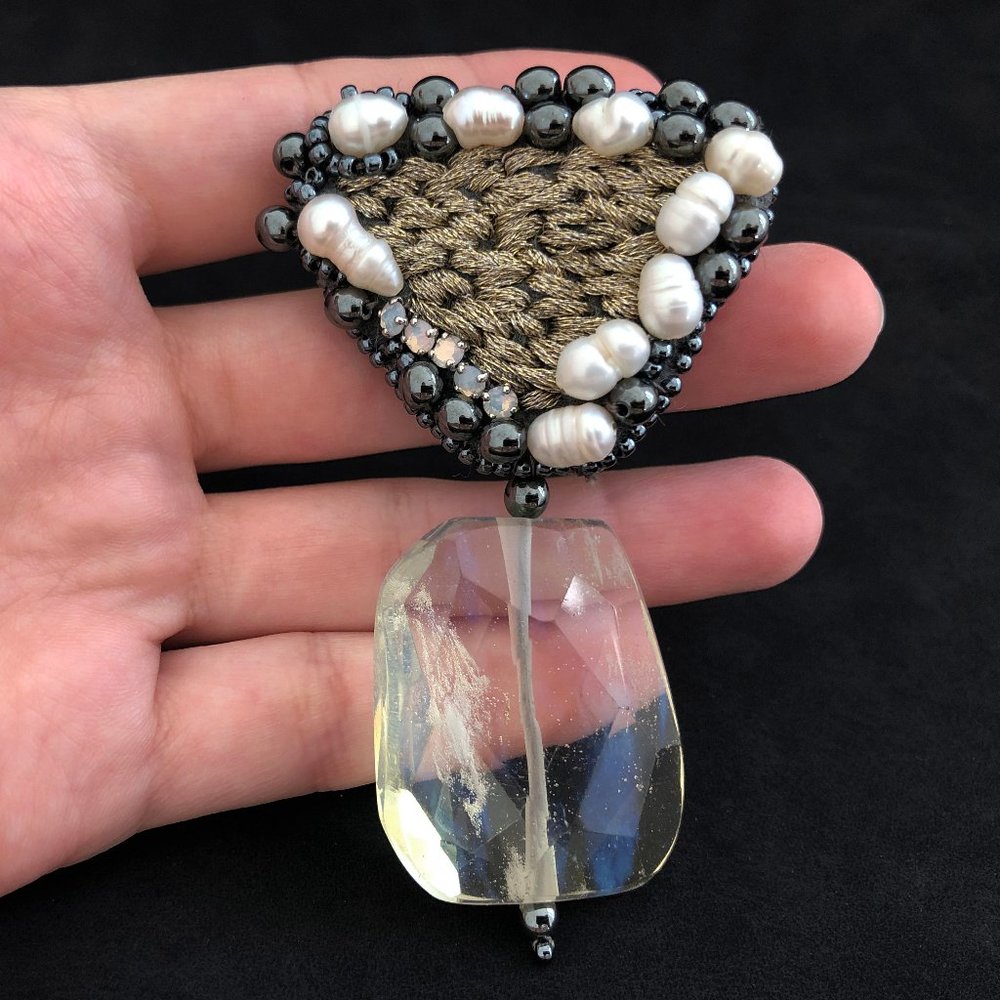 Beaded crystal brooch ooak, bead embroidered handmade brooch pin
